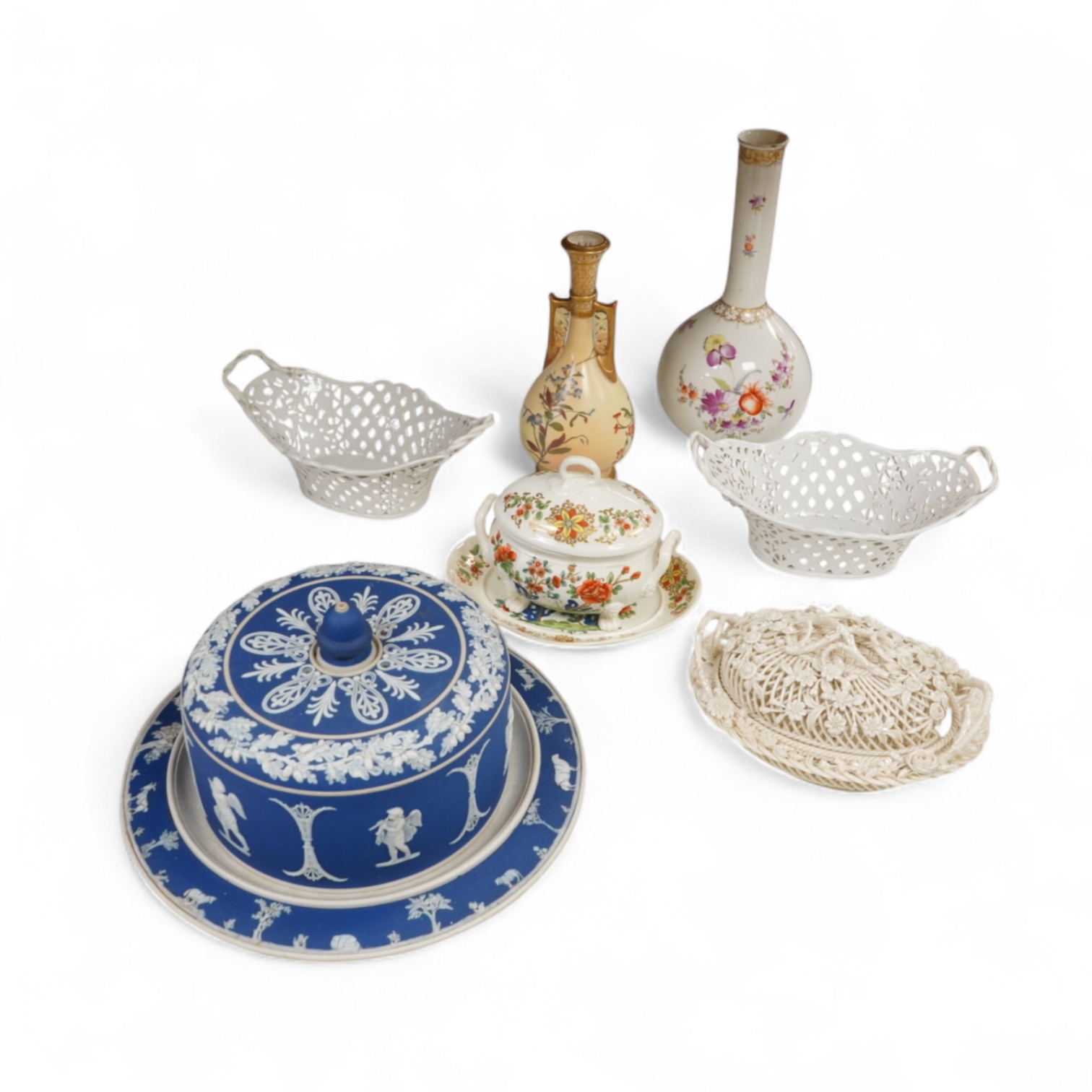 A 19th century Derby tureen and cover, a pair of Royal Worcester blush vase-26cm high, a Belleek basket and cover, a Wedgwood blue Jasperware cheese dish and associated cover, two continental baskets and vase. (7).